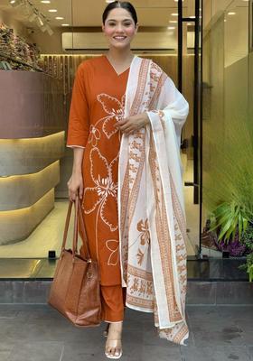 Orange Embroidered Viscose Kurta Set