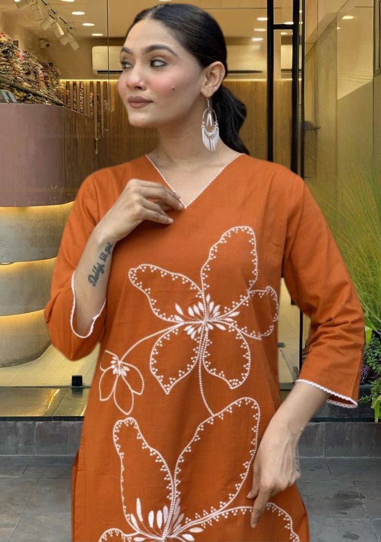 Orange Embroidered Viscose Kurta Set - Indya