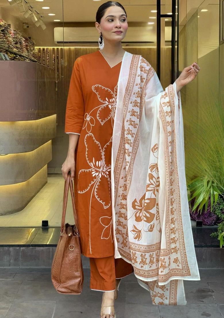 Orange Embroidered Viscose Kurta Set - Indya