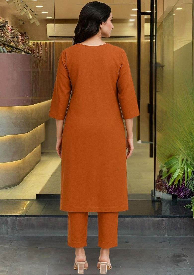 Orange Embroidered Viscose Kurta Set - Indya