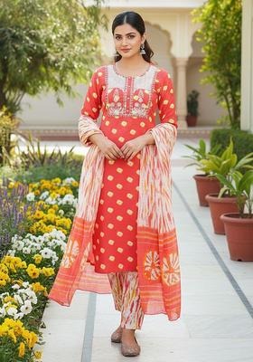 Orange Printed Viscose Kurta Set