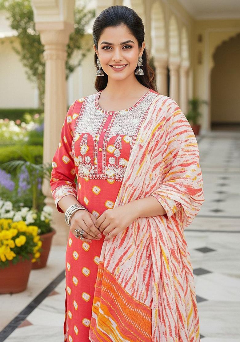 Orange Printed Viscose Kurta Set - Indya