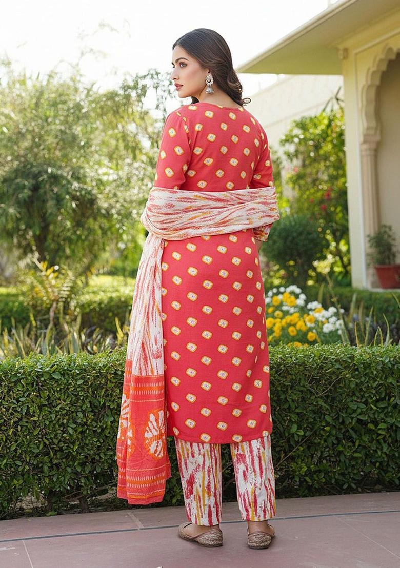 Orange Printed Viscose Kurta Set - Indya