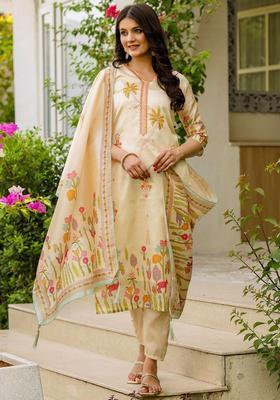Cream Printed Silk Kurta Set