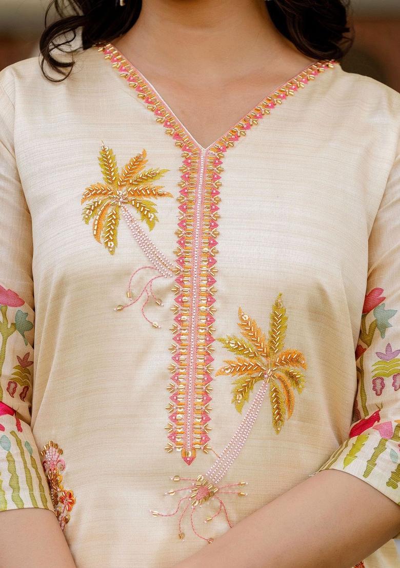 Cream Printed Silk Kurta Set - Indya