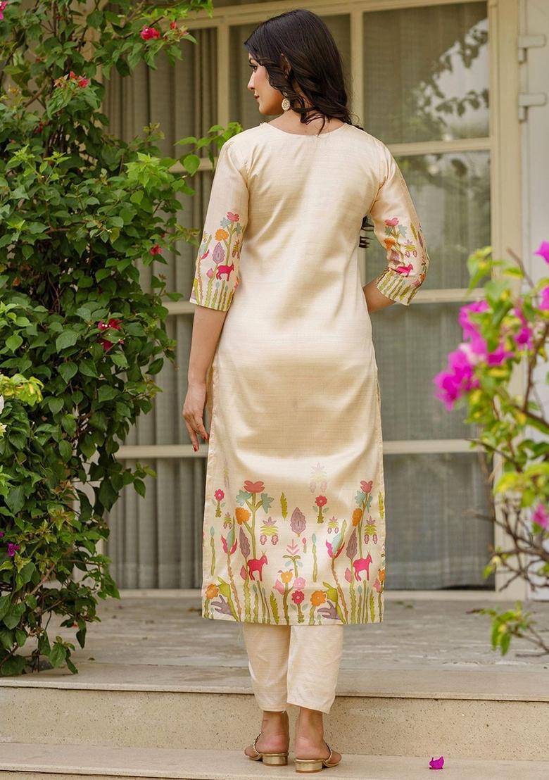 Cream Printed Silk Kurta Set - Indya
