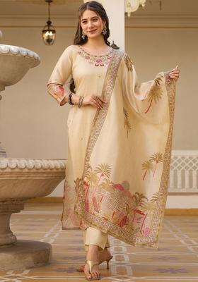 Cream Printed Silk Kurta Set