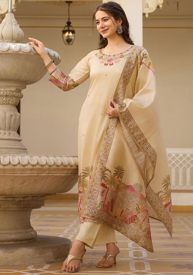 Cream Printed Silk Kurta Set - Indya