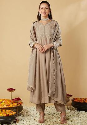 Brown Embroidered Silk Kurta Set