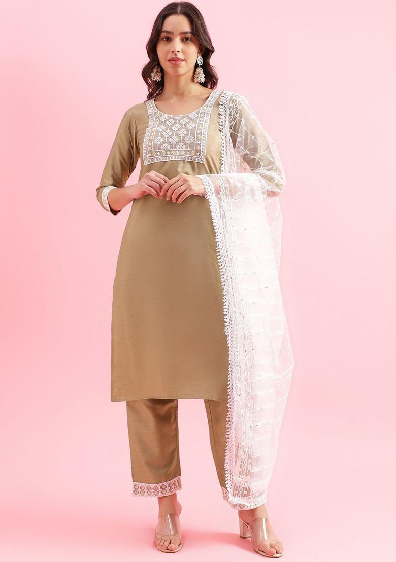 Gold Embroidered Silk Kurta Set - Indya