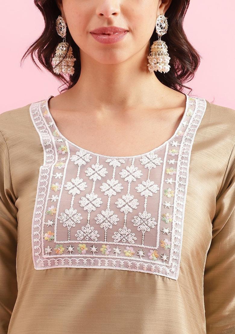 Gold Embroidered Silk Kurta Set - Indya