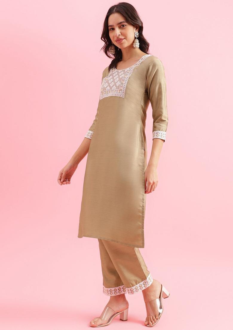 Gold Embroidered Silk Kurta Set - Indya