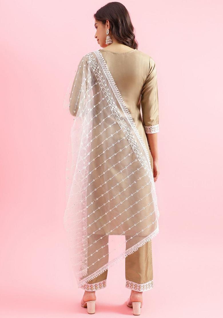 Gold Embroidered Silk Kurta Set - Indya