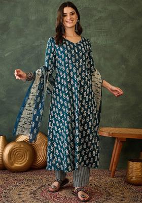 Teal Printed Cotton Kurta Set