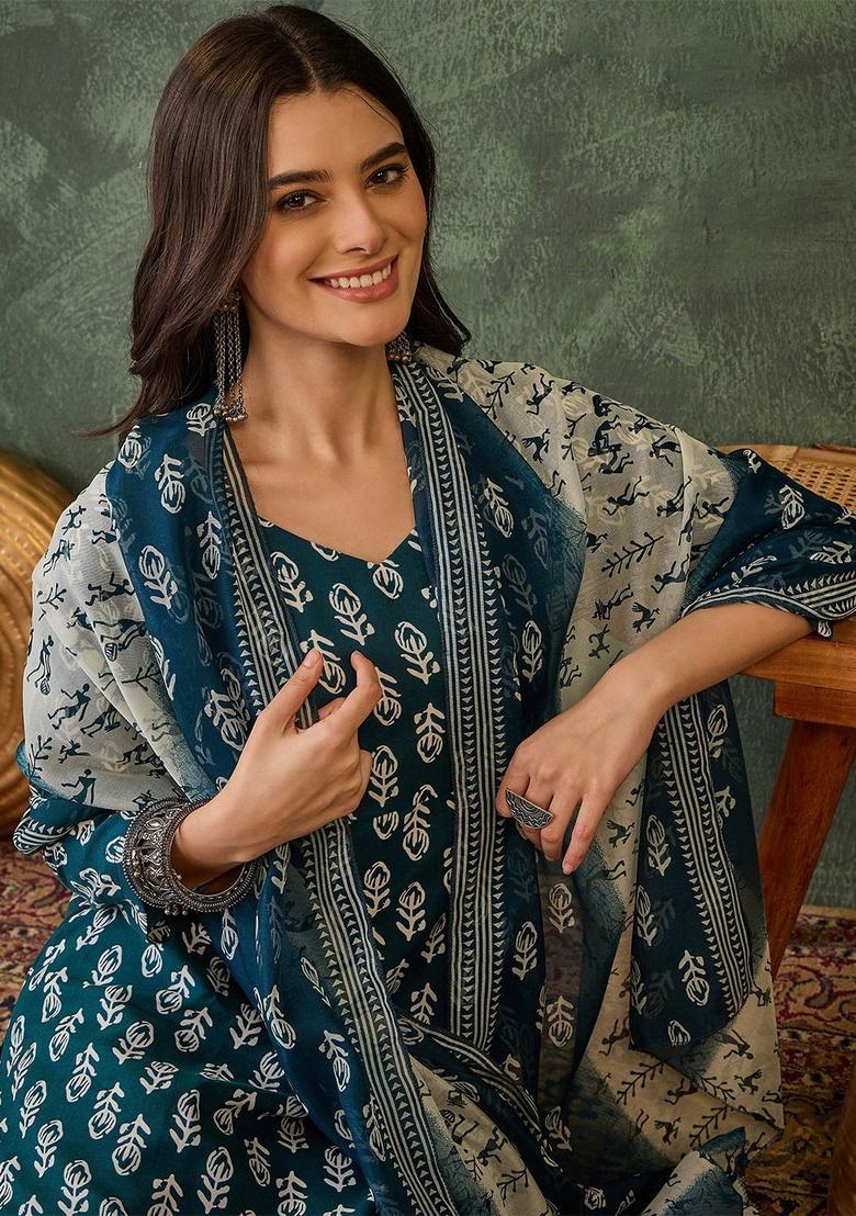 Teal Printed Cotton Kurta Set - Indya
