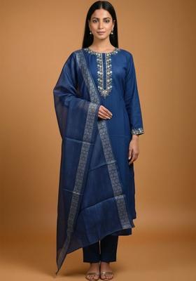 Navy Blue Embroidered Viscose Kurta Set