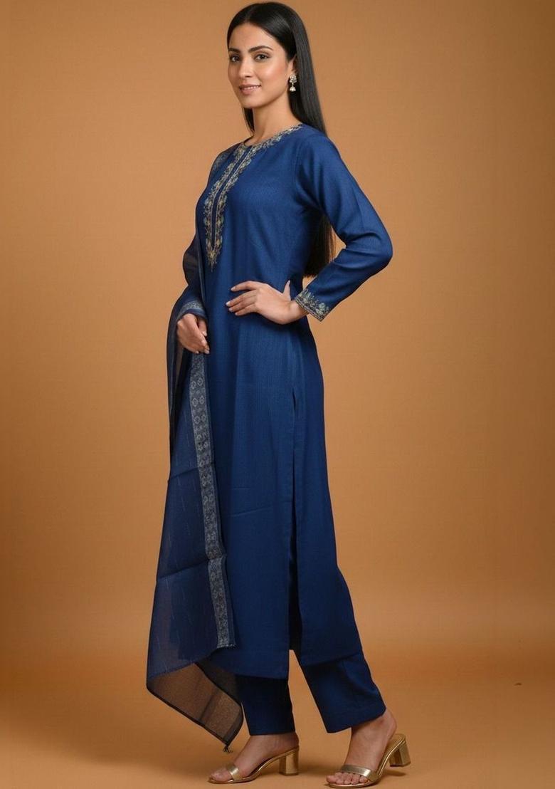 Navy Blue Embroidered Viscose Kurta Set - Indya