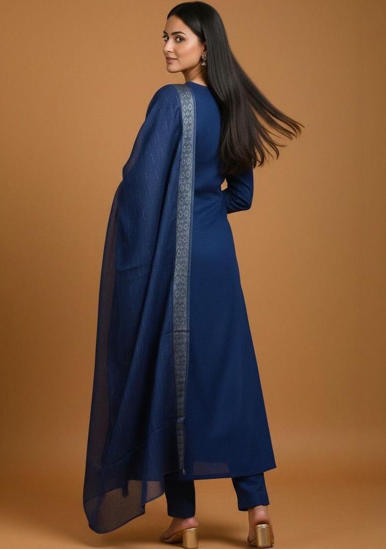 Navy Blue Embroidered Viscose Kurta Set - Indya