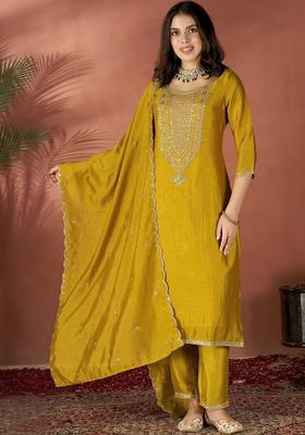 Mustard Embroidered Silk Kurta Set