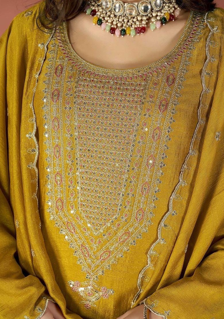 Mustard Embroidered Silk Kurta Set - Indya