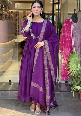 Purple Embroidered Chinon Kurta Set