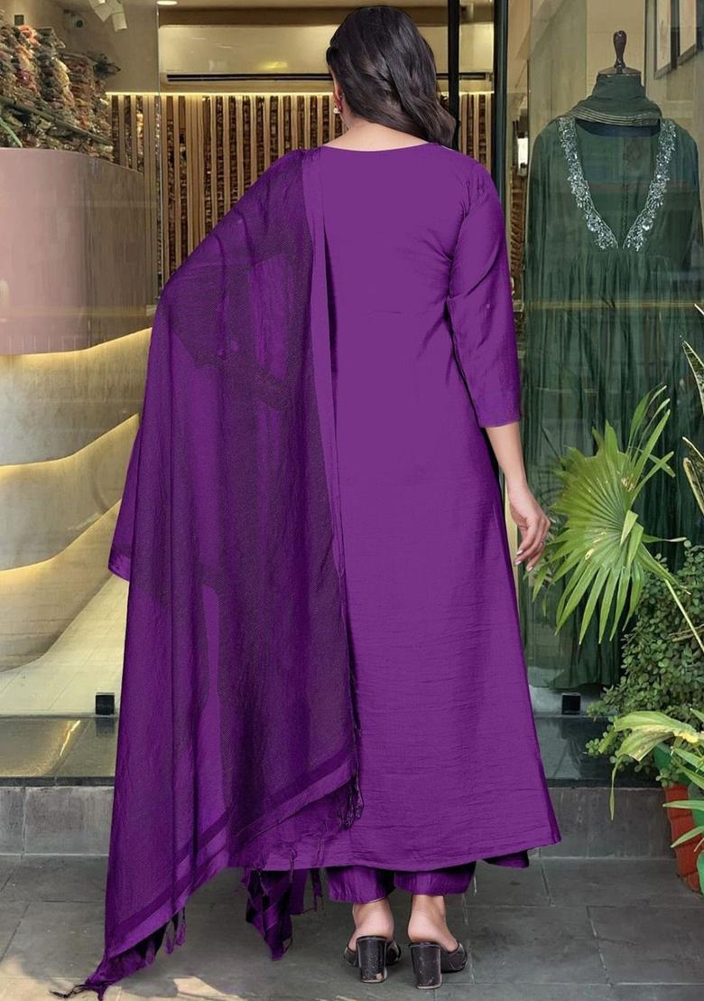 Purple Embroidered Chinon Kurta Set - Indya