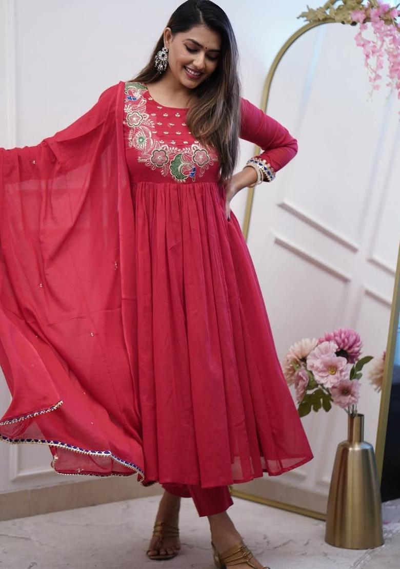 Maroon Embroidered Silk Kurta Set - Indya