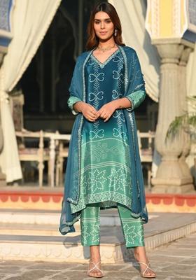Turquoise Blue Printed Chinon Kurta Set