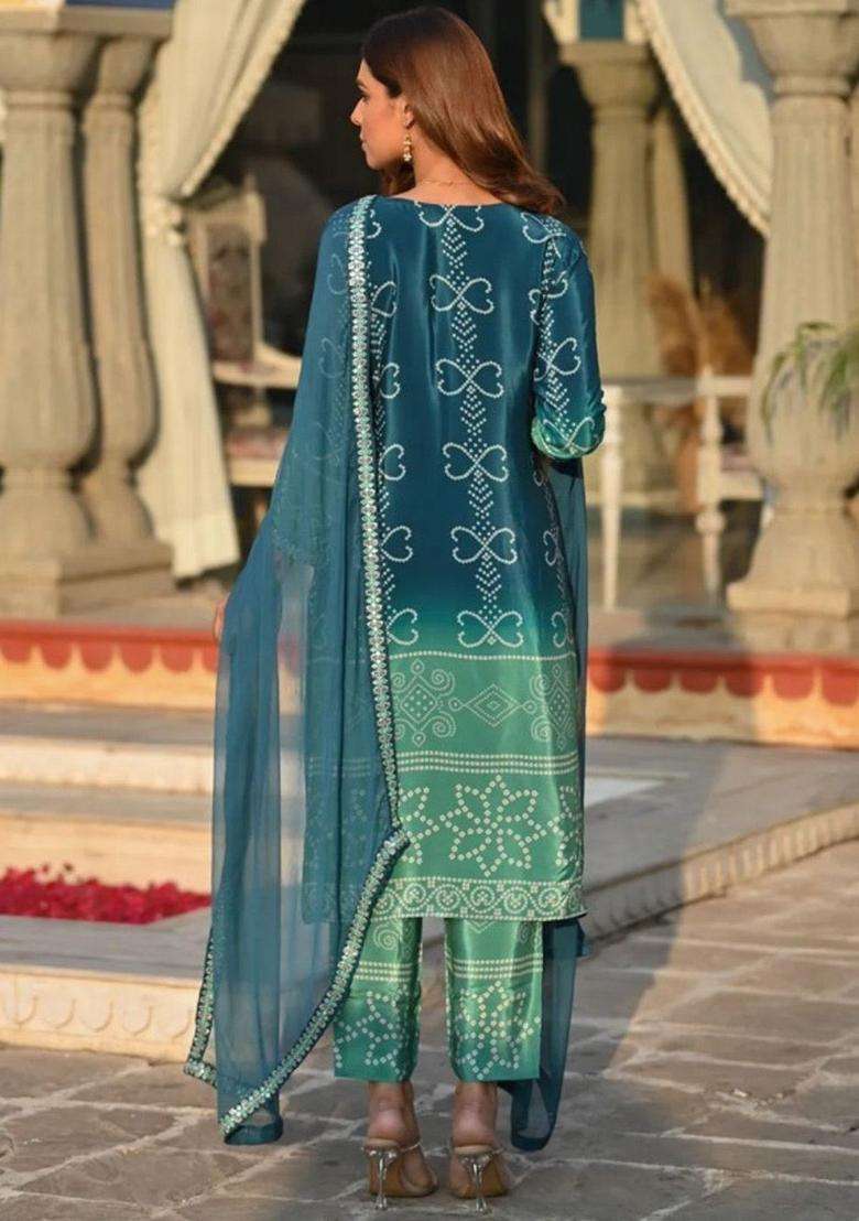 Turquoise Blue Printed Chinon Kurta Set - Indya
