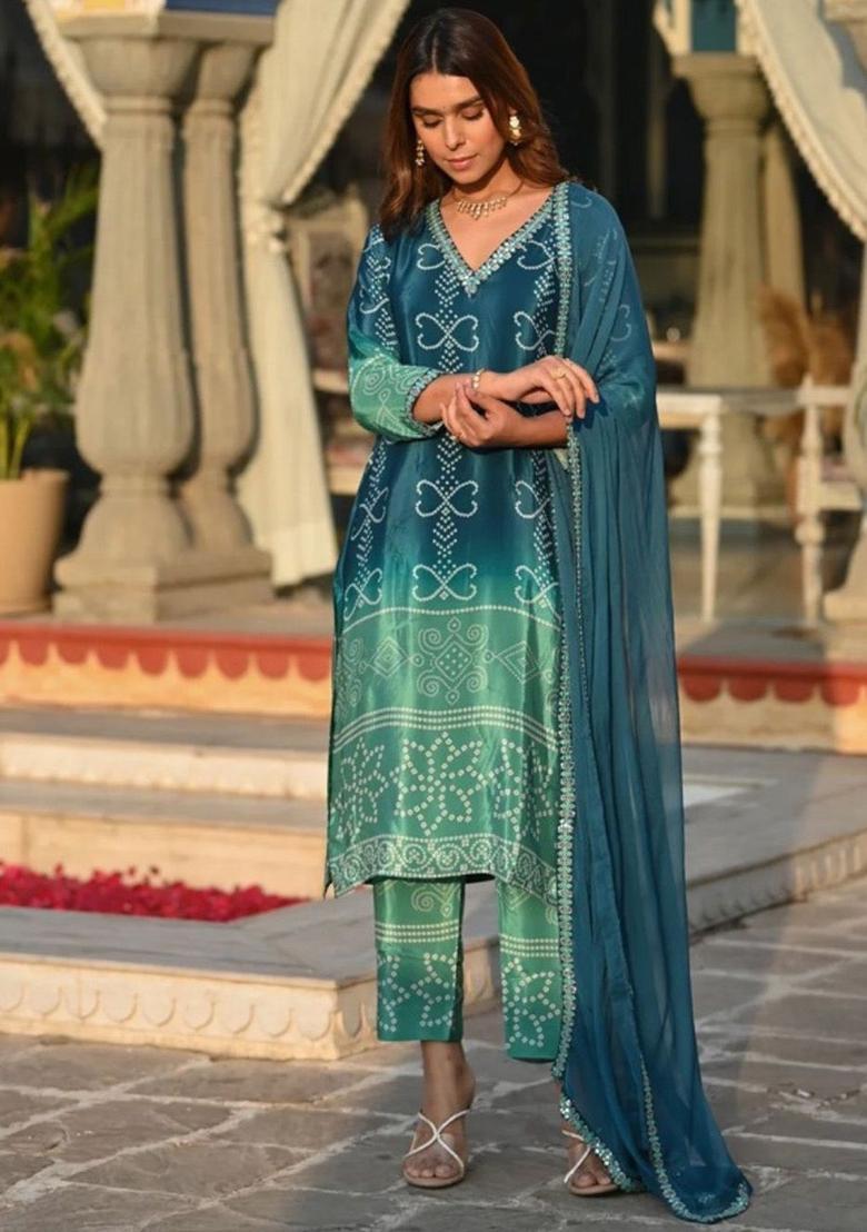 Turquoise Blue Printed Chinon Kurta Set - Indya