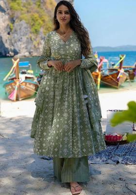 Green Printed Viscose Kurta Set