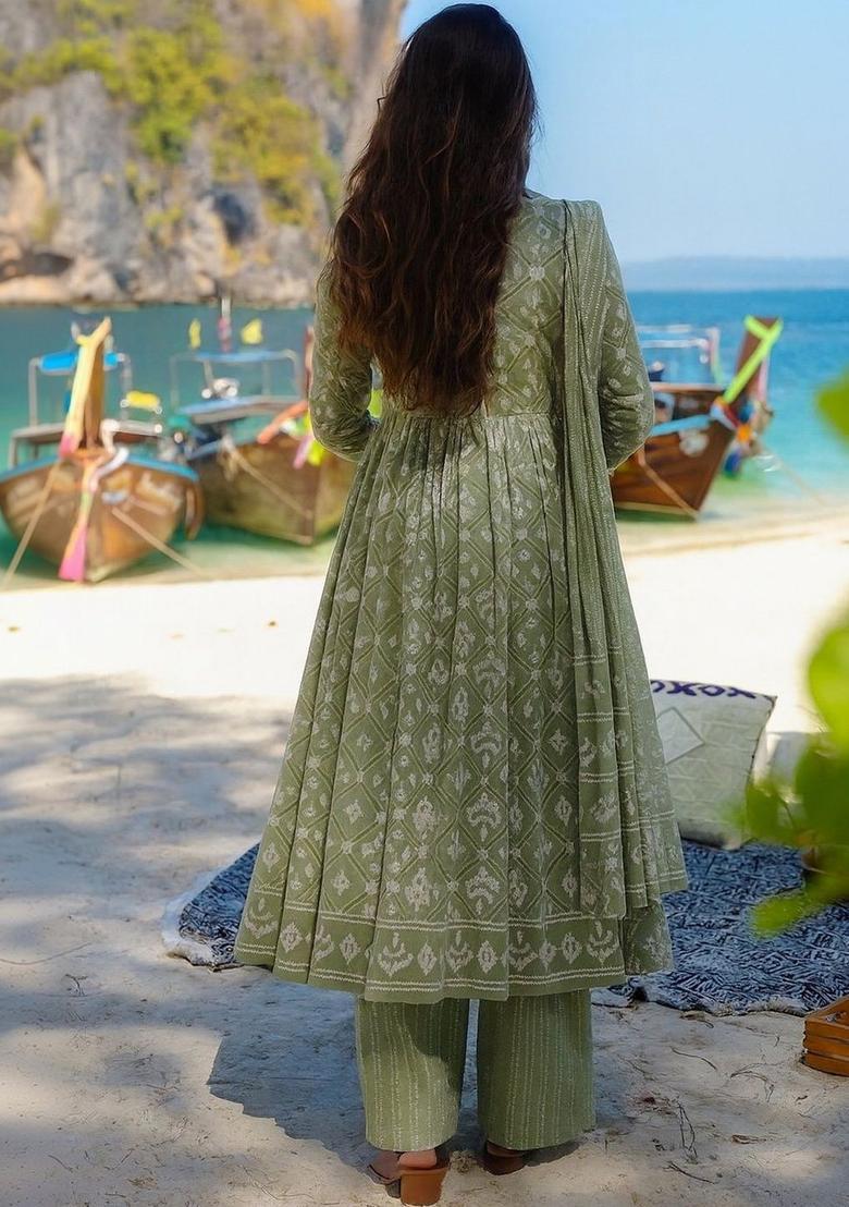 Green Printed Viscose Kurta Set - Indya