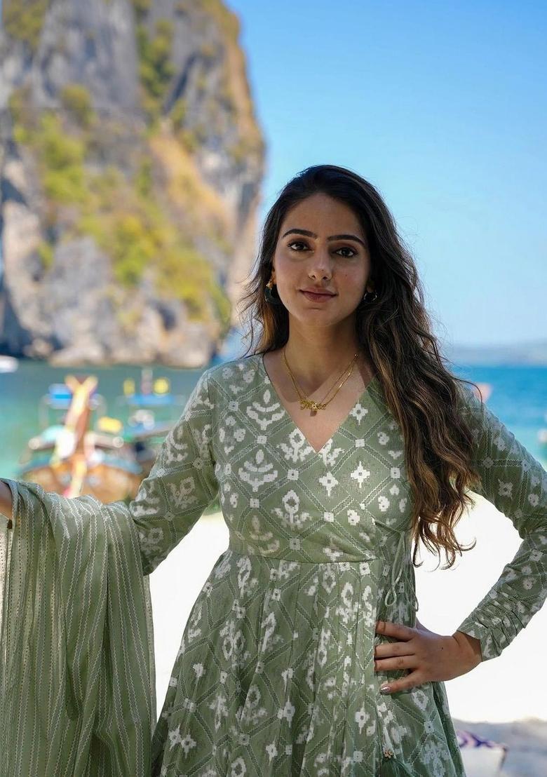 Green Printed Viscose Kurta Set - Indya