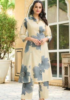 Beige Printed Cotton Kurta Set