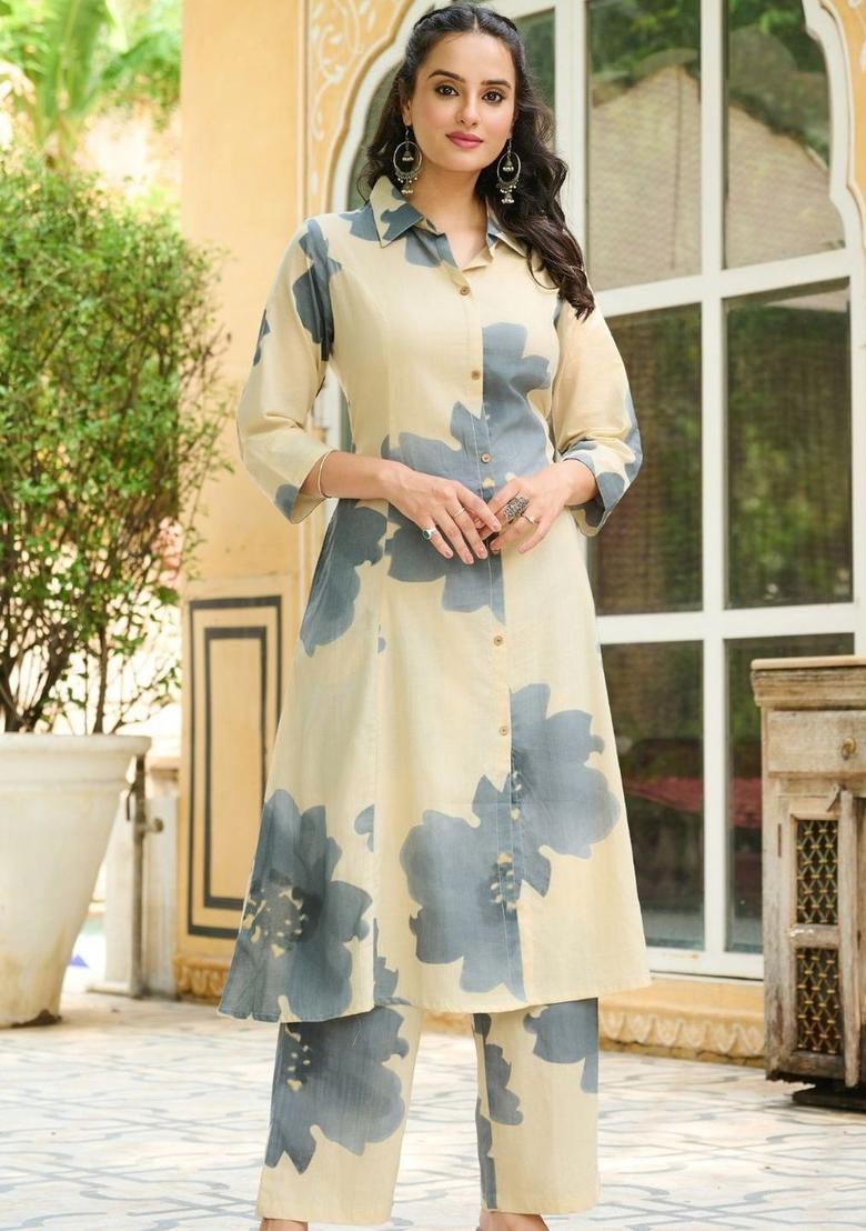 Beige Printed Cotton Kurta Set - Indya