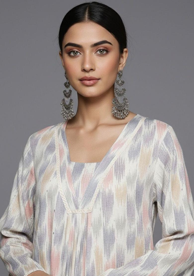 Off White Dyed Viscose Kurta Set - Indya