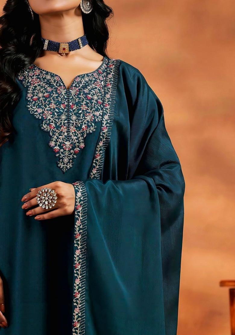 Teal Embroidered Silk Kurta Set - Indya