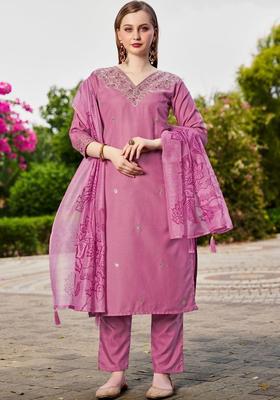 Pink Embroidered Viscose Kurta Set