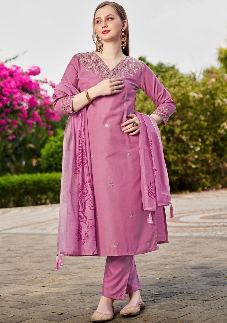Pink Embroidered Viscose Kurta Set - Indya