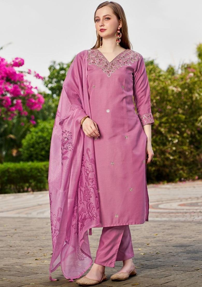 Pink Embroidered Viscose Kurta Set - Indya