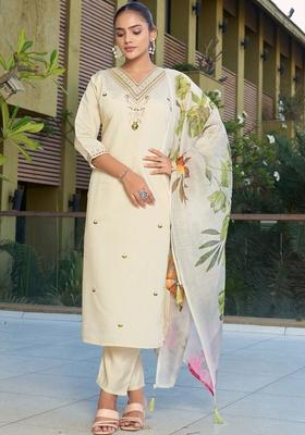 Cream Embroidered Silk Kurta Set