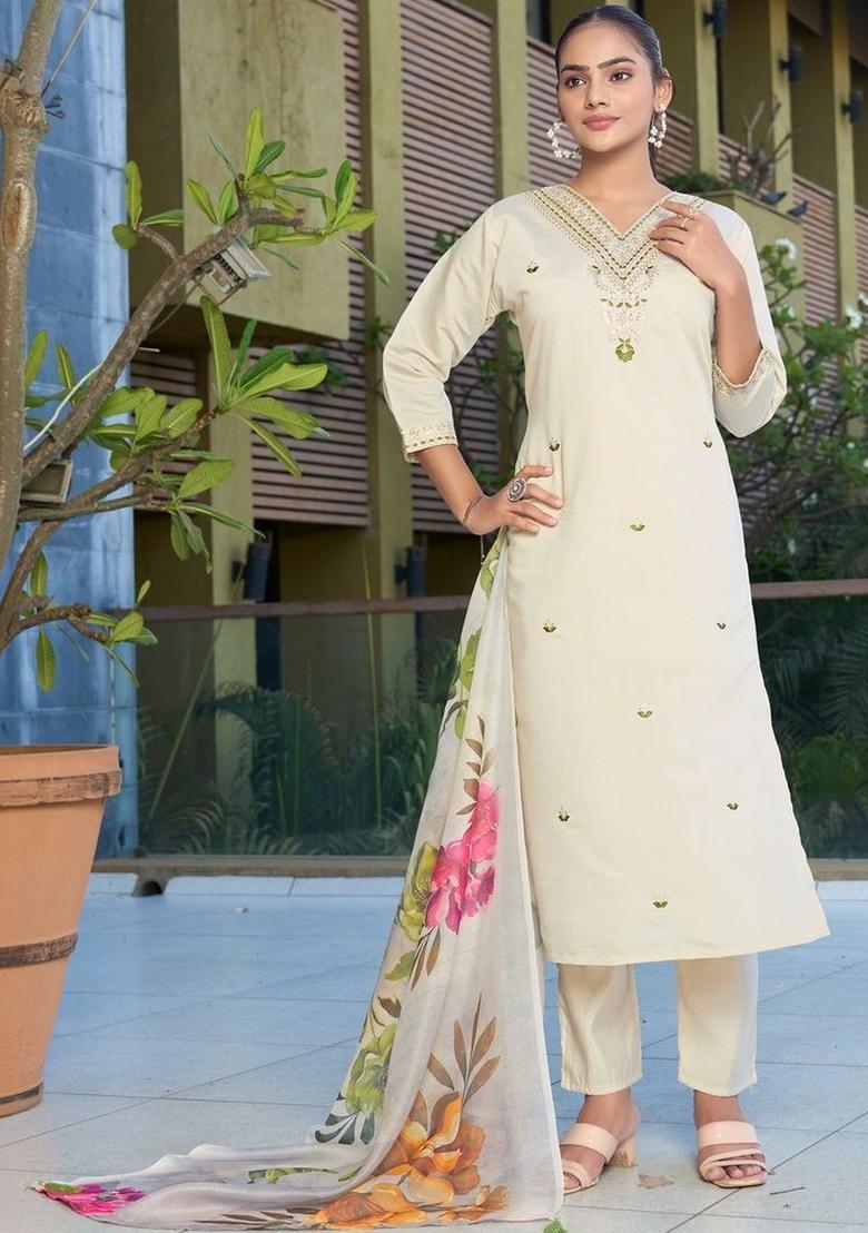 Cream Embroidered Silk Kurta Set - Indya