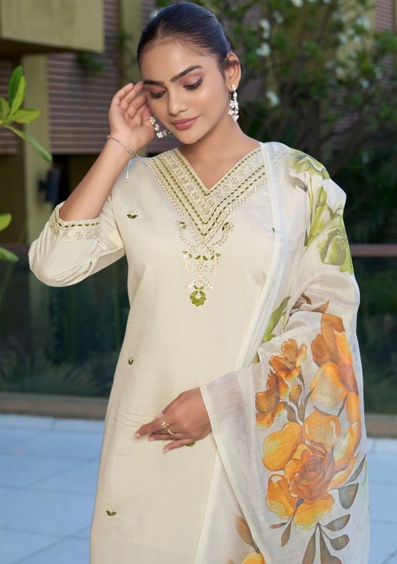 Cream Embroidered Silk Kurta Set - Indya