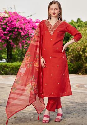 Red Embroidered Viscose Kurta Set