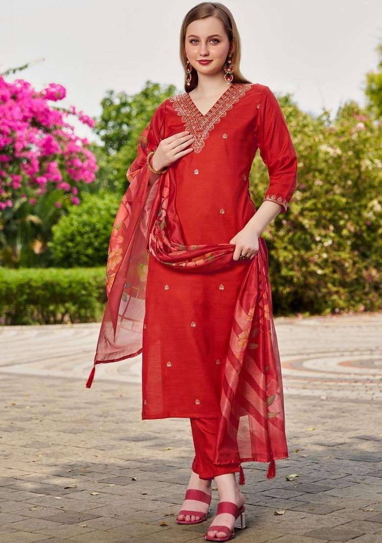 Red Embroidered Viscose Kurta Set - Indya