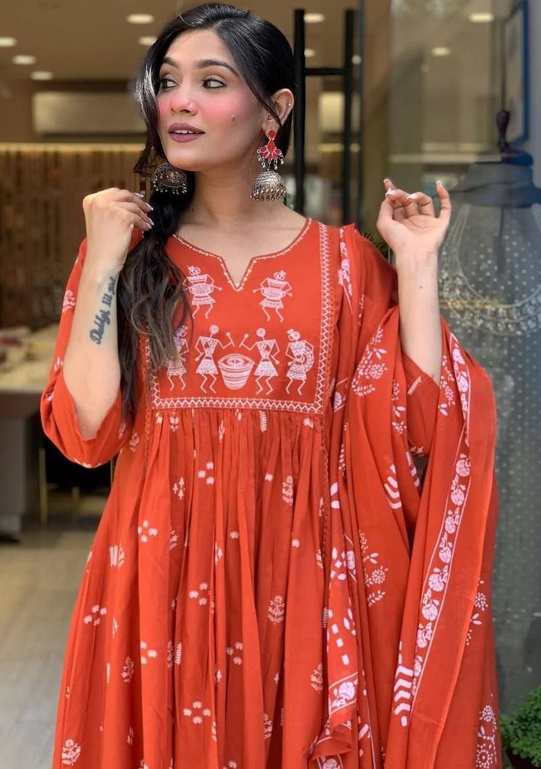 Orange Printed Cotton Kurta Set - Indya