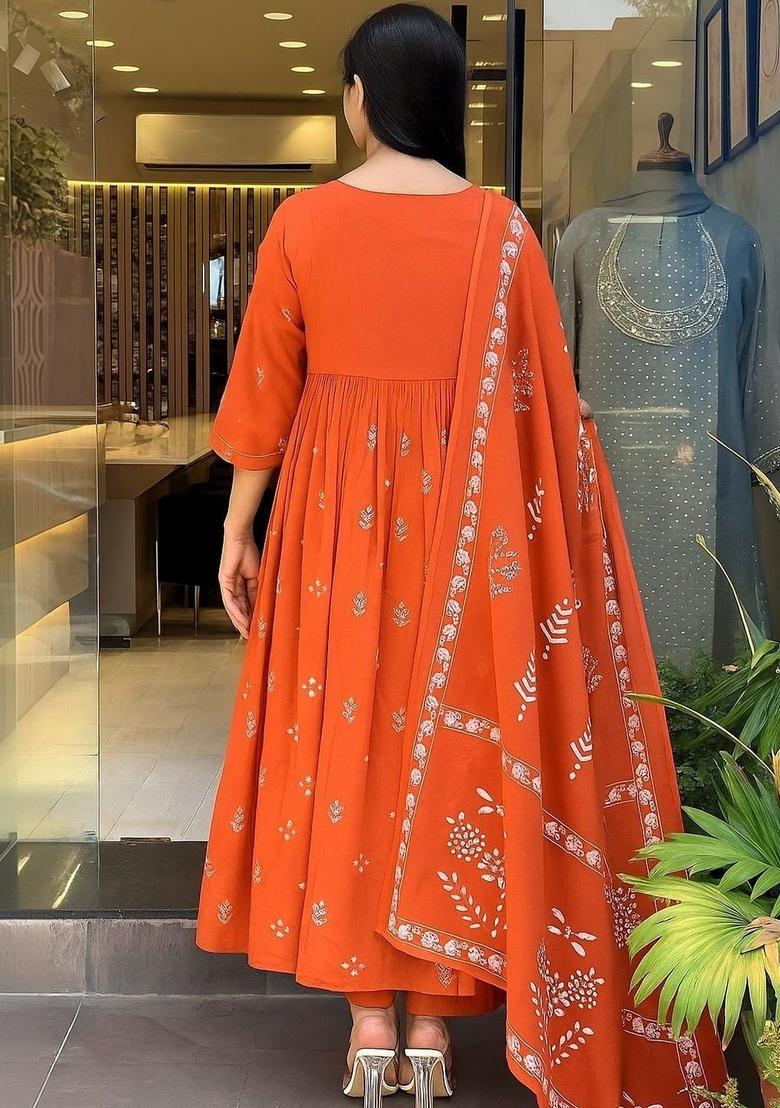 Orange Printed Cotton Kurta Set - Indya