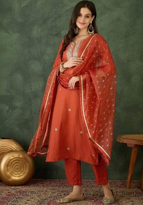 Rust Embroidered Silk Kurta Set