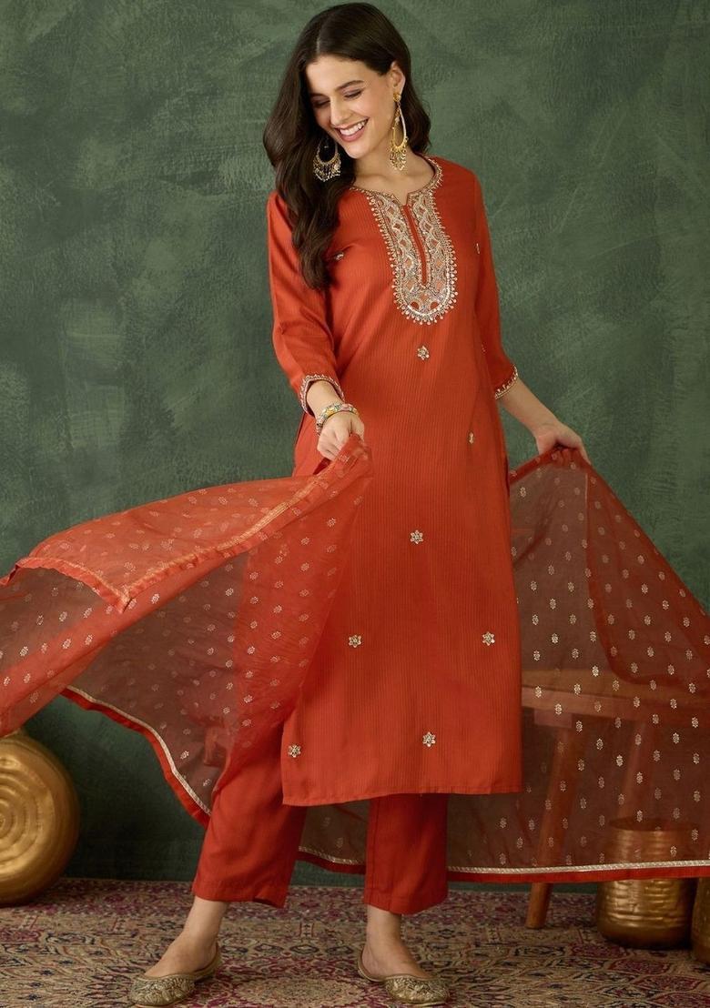 Rust Embroidered Silk Kurta Set - Indya