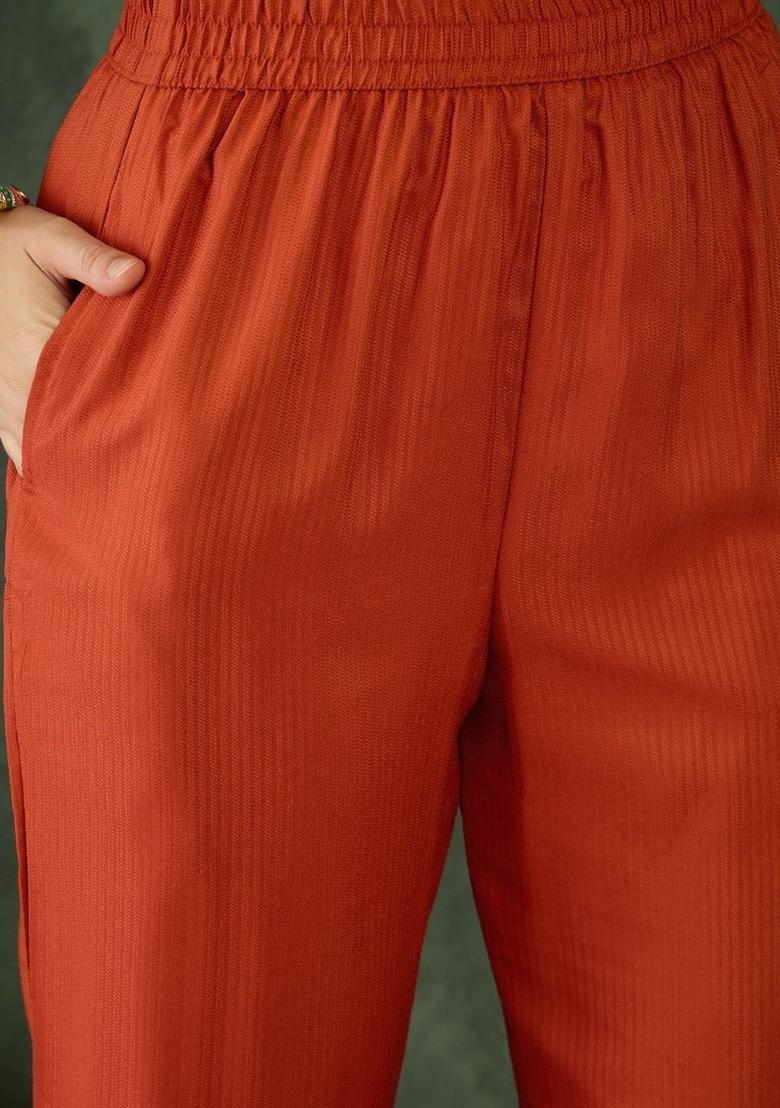 Rust Embroidered Silk Kurta Set - Indya